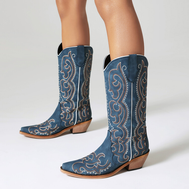 Blue Embroidered Pointed Toe Chunky Heel High Shaft Western Boots