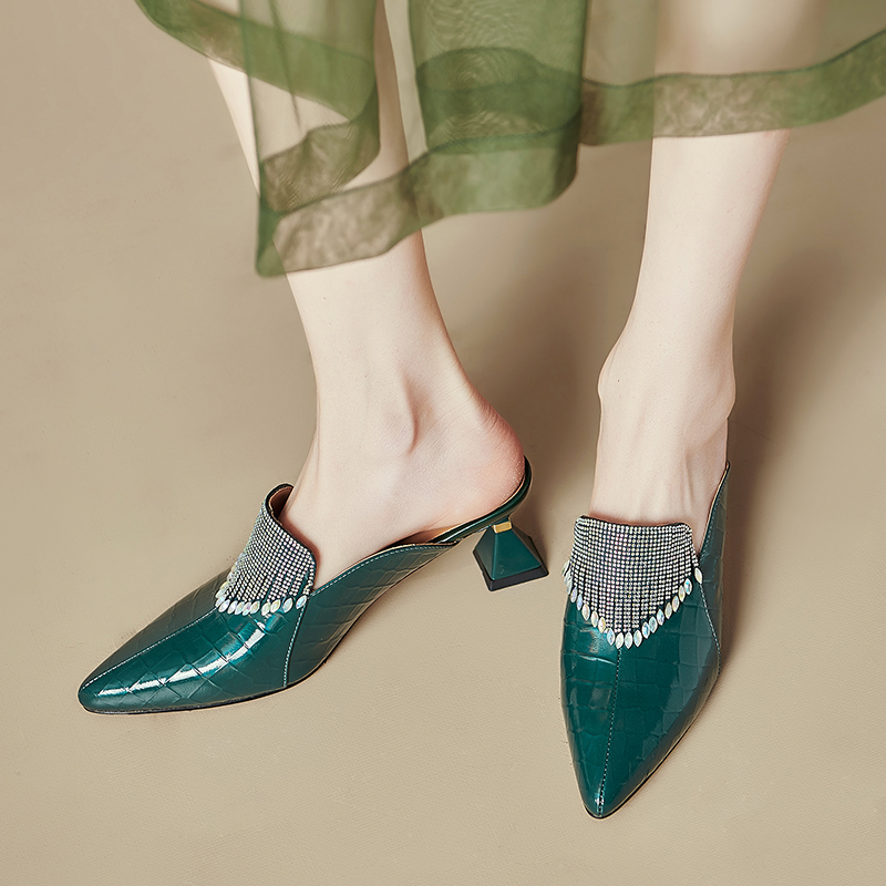 Elegant Plaid Rhinestone Cutout Leather Slippers for Women