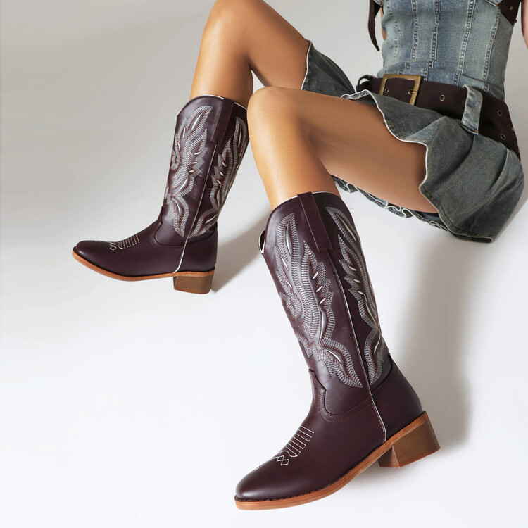 Embroidered Square Toe Chunky Heel Western Boots - Image 3
