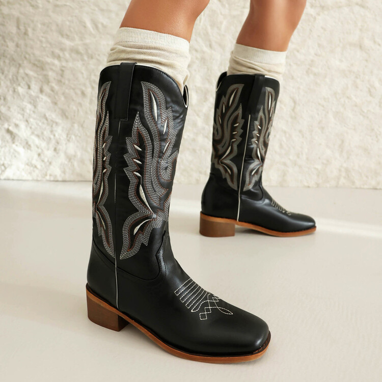 Embroidered Square Toe Chunky Heel Western Boots - Image 4