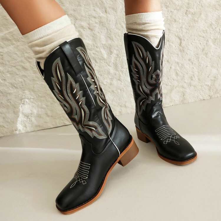 Embroidered Square Toe Chunky Heel Western Boots - Image 5