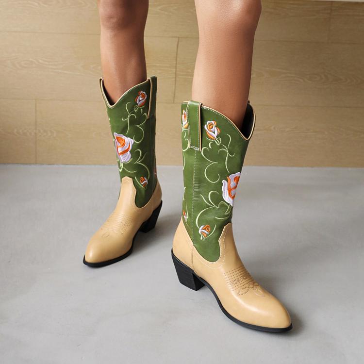 Green PU Mid Heel Chunky Heel High Tube Knight Boots for Women
