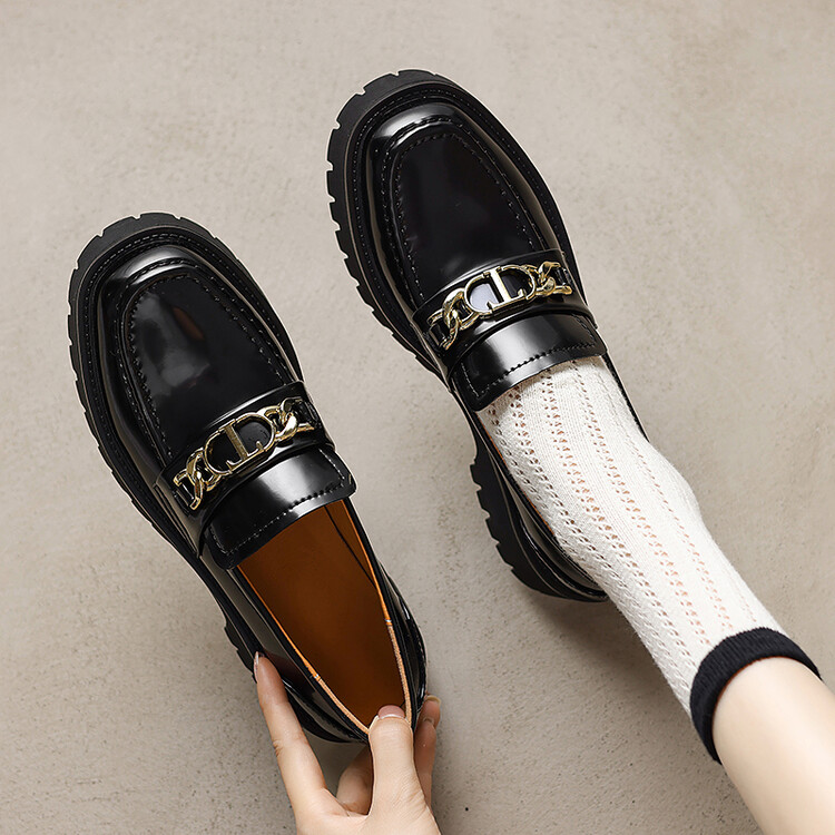 Women's Black Leather Loafers with Chunky Heel and Metal Detail