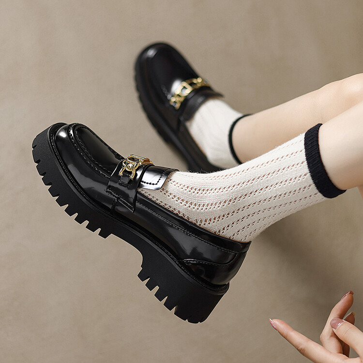 Women's Black Leather Loafers with Chunky Heel and Metal Detail - Image 2
