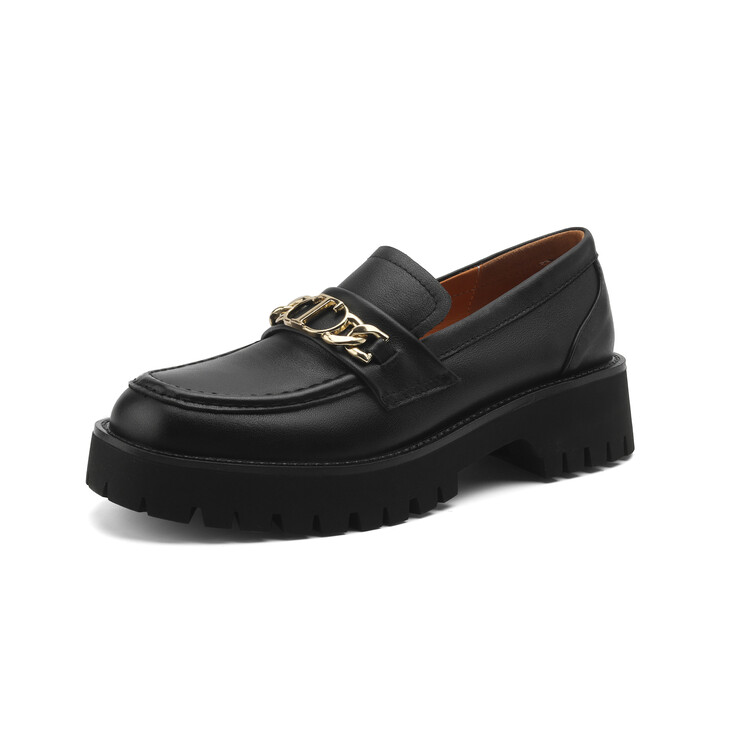 Women's Black Leather Loafers with Chunky Heel and Metal Detail - Image 5