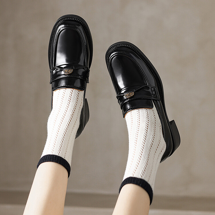 Women's Black Leather Loafers with Chunky Mid Heel and Metal Detail - Style s.html