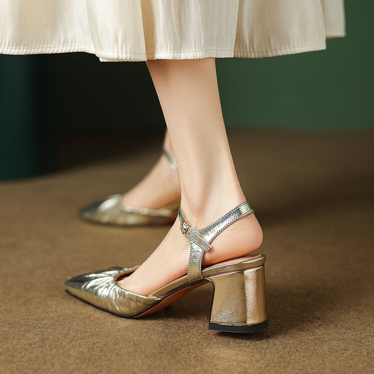 Women's Closed Toe Block Heel Sandals in Gold or Silver - Image 2