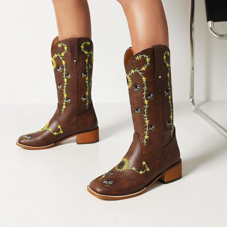 Women's Dark Brown PU Knee-High Riding Boots with Embroidery and Chunky Heel