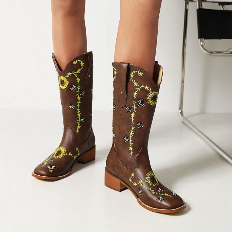 Women's Dark Brown PU Knee-High Riding Boots with Embroidery and Chunky Heel - Image 2