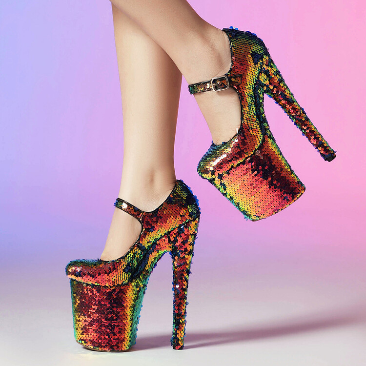 Women's Fashion Sequin Single Shoes with High Heel and Ankle Strap