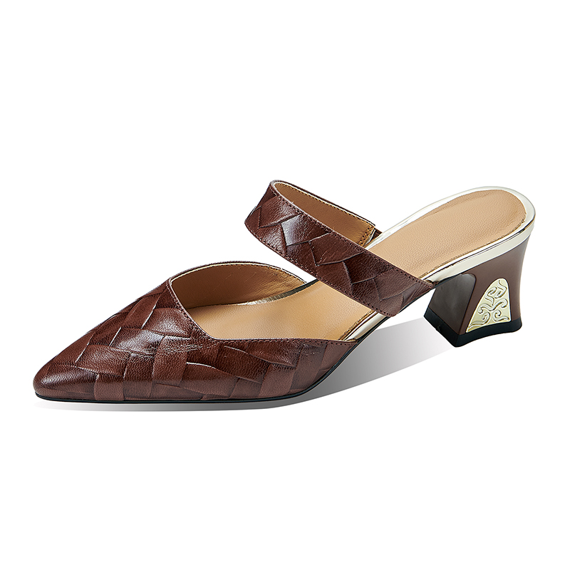 Women's Genuine Leather Closed Toe Slippers - Retro Color Block Metal Decor Chunky Mid Heel Summer 2024 - Image 5