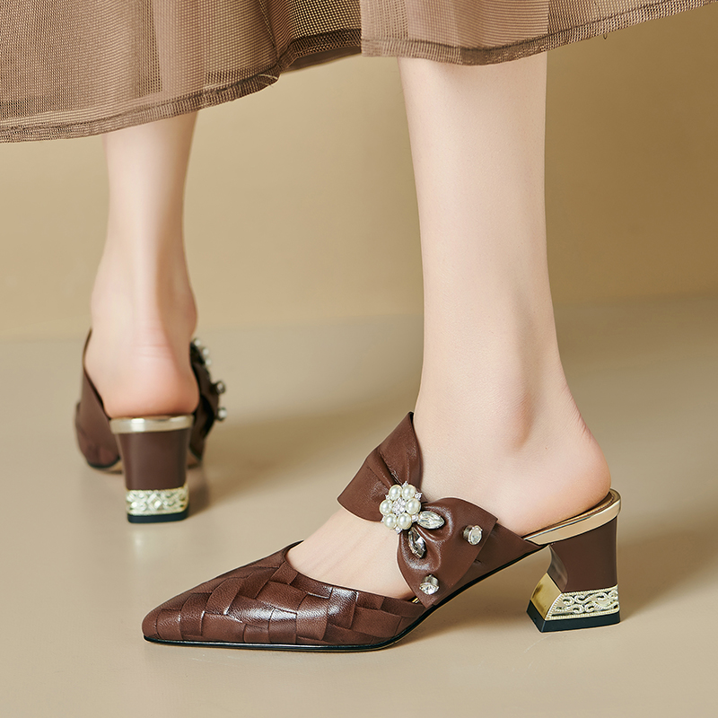 Women's Genuine Leather Closed Toe Slippers with Chunky Heel - Image 2