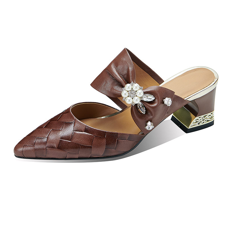 Women's Genuine Leather Closed Toe Slippers with Chunky Heel - Image 5