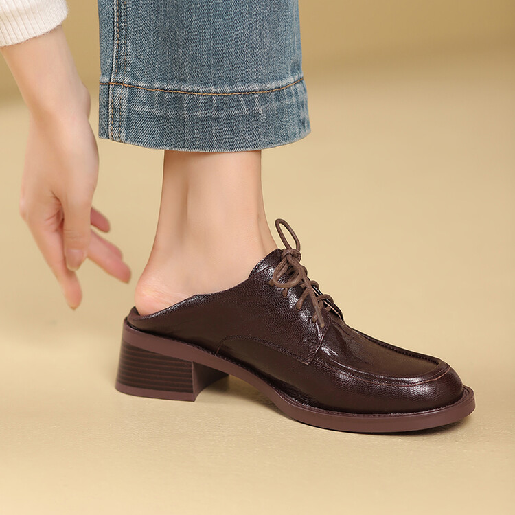 Women's Leather Loafers - Retro Cross-Tie Midi Heel Shoes