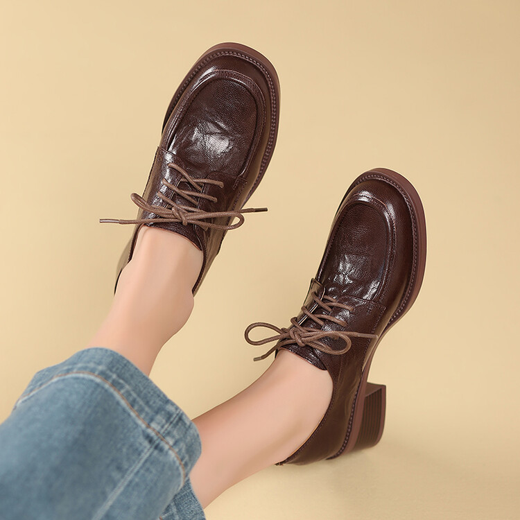 Women's Leather Loafers - Retro Cross-Tie Midi Heel Shoes - Image 2