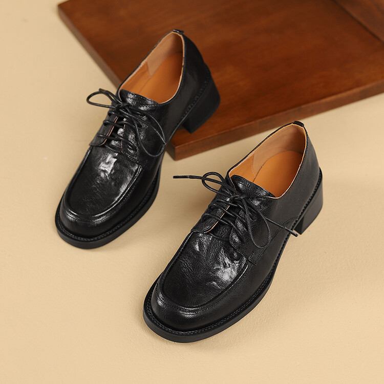 Women's Leather Loafers - Retro Cross-Tie Midi Heel Shoes - Image 3