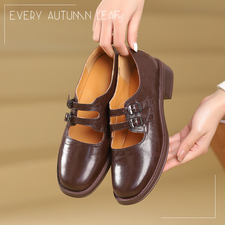 Women's Leather Loafers with Buckle Strap and Chunky Heel