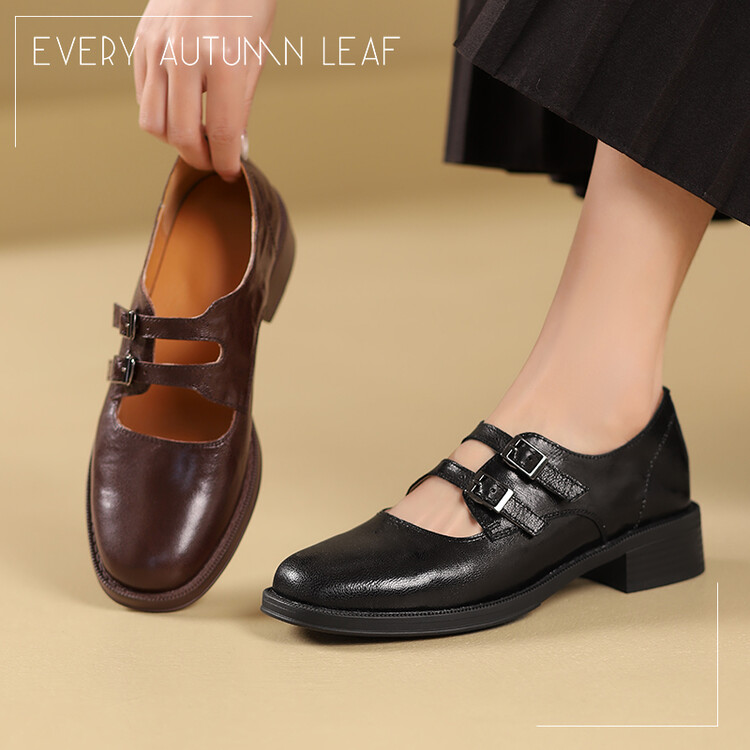 Women's Leather Loafers with Buckle Strap and Chunky Heel - Image 2