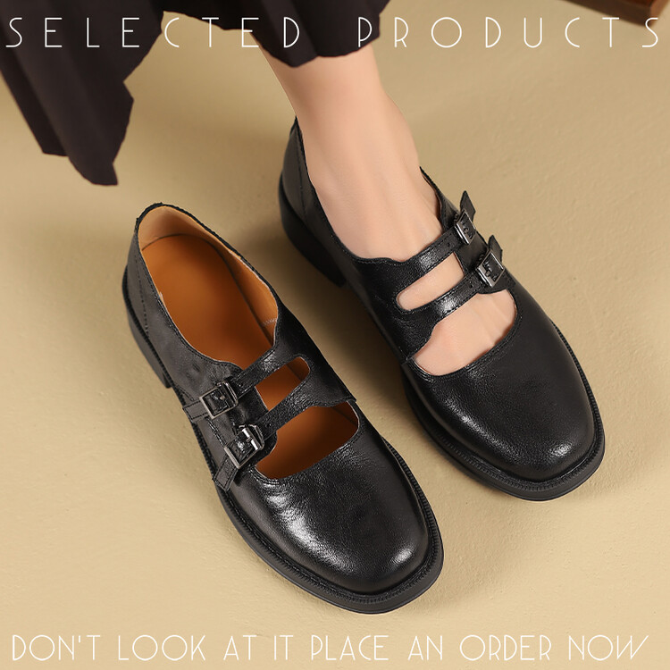 Women's Leather Loafers with Buckle Strap and Chunky Heel - Image 3
