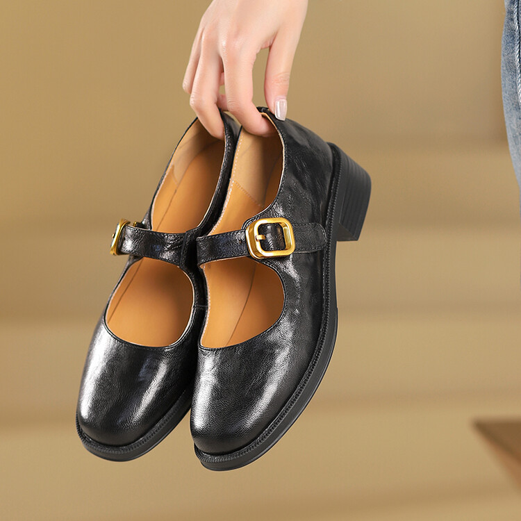 Women's Leather Loafers with Buckle Strap and Chunky Mid Heel - Style m.html