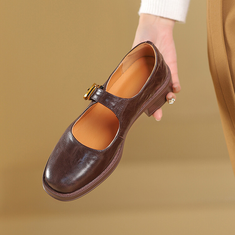 Women's Leather Loafers with Buckle Strap and Chunky Mid Heel - Style m.html - Image 2