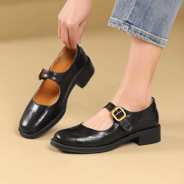 Women's Leather Loafers with Buckle Strap and Chunky Mid Heel - Style m.html - Image 3