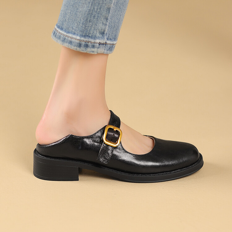 Women's Leather Loafers with Buckle Strap and Chunky Mid Heel - Style m.html - Image 4