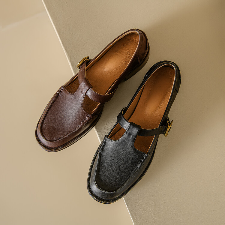 Women's Leather Loafers with Buckle Strap Low Heel Retro Style - Image 3