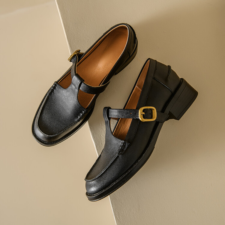 Women's Leather Loafers with Buckle Strap Low Heel Retro Style - Image 4