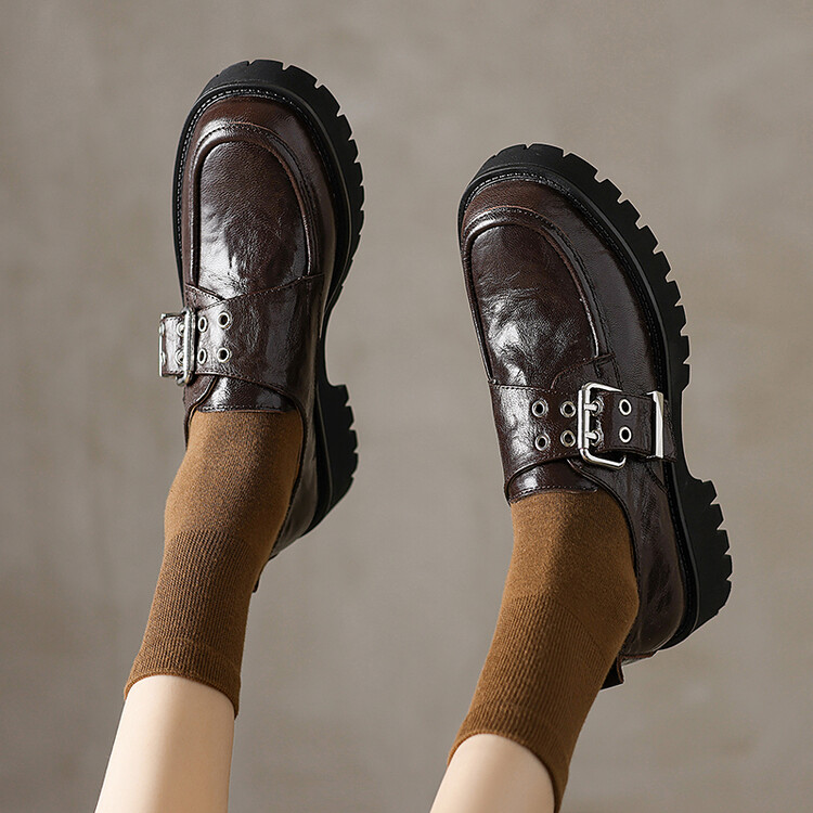Women's Leather Loafers with Chunky Heel and Metal Detail - Style k.html