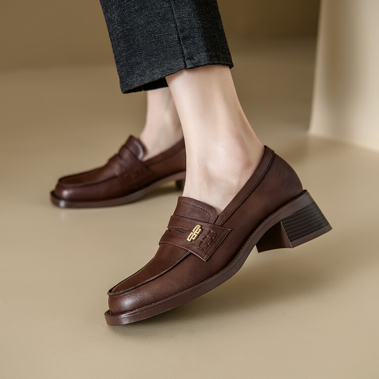 Women's Leather Loafers with Low Chunky Heel and Metal Detail - Style m.html
