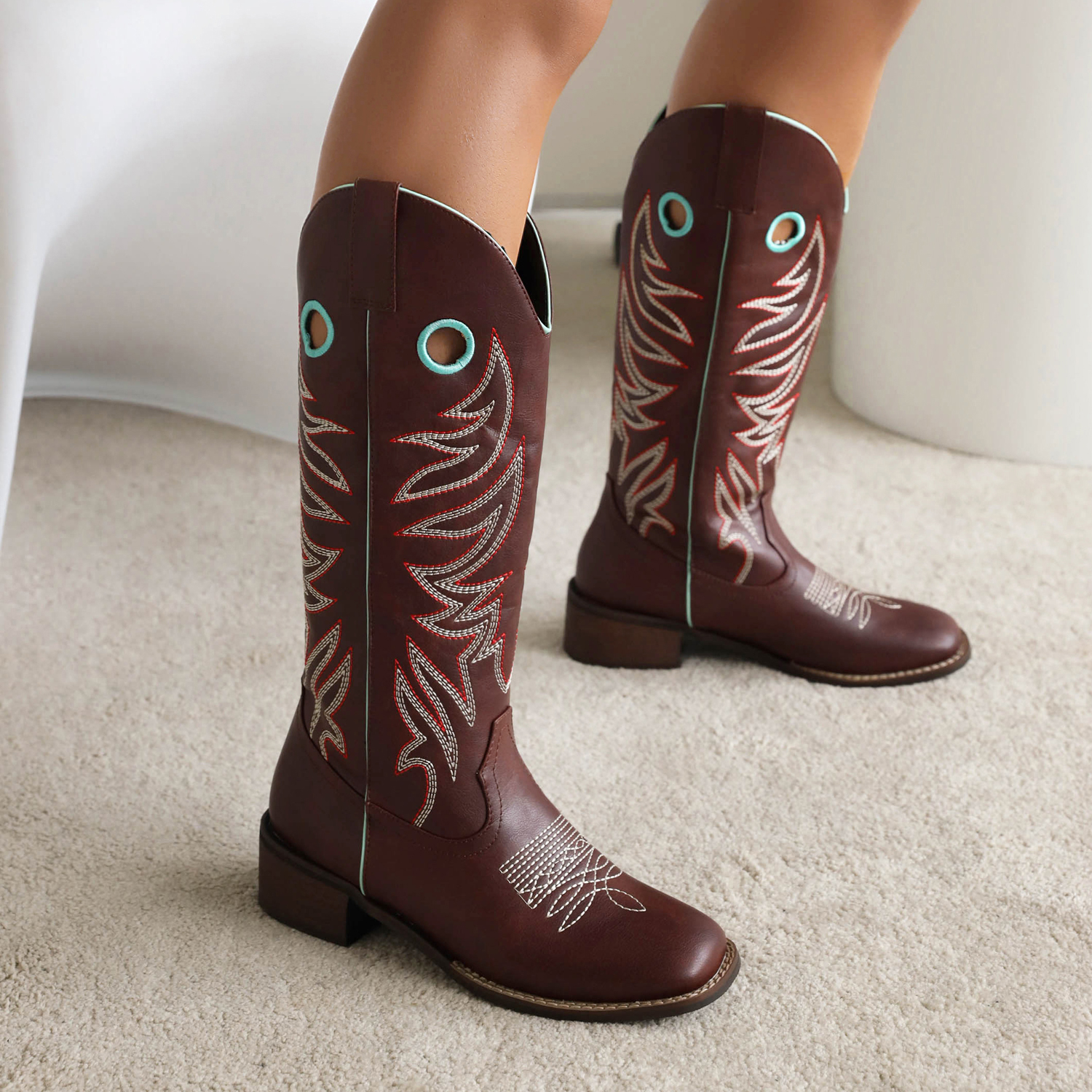 Women's Retro High Shaft Riding Boots with Embroidered PU Upper and Chunky Mid Heel