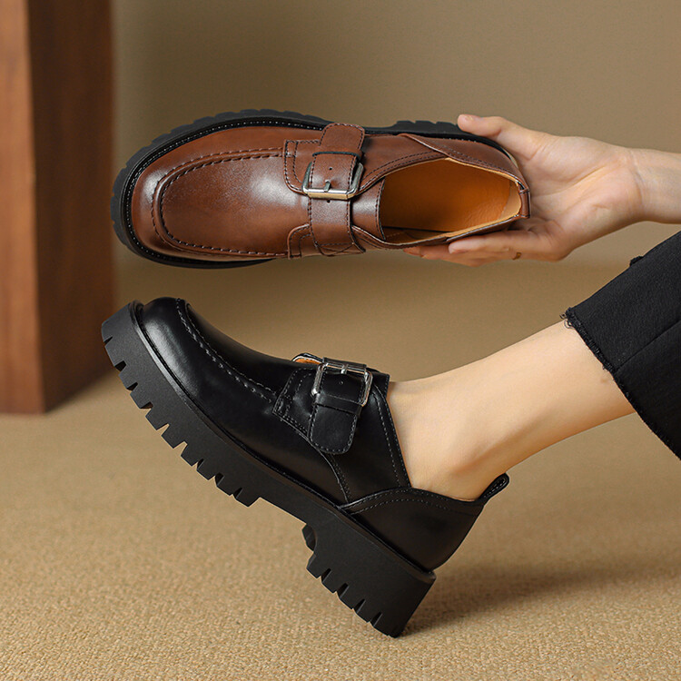 Women's Retro Square Toe Loafers with Metal Buckle and Chunky Mid Heel