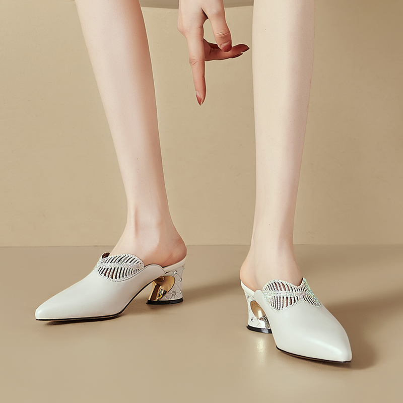 Women's White Leather Closed-Toe Slippers with Rhinestone Metal Cutout Mid Heel - Image 2