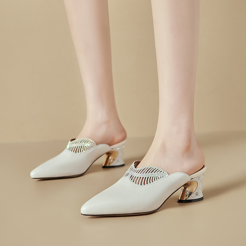 Women's White Leather Closed-Toe Slippers with Rhinestone Metal Cutout Mid Heel - Image 3