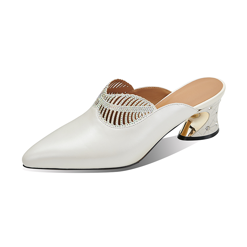 Women's White Leather Closed-Toe Slippers with Rhinestone Metal Cutout Mid Heel - Image 5